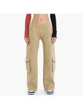 RUVE Korl Cargo Pants Distressed Khaki 100% Cotton Denim Elastic Waist Pockets C